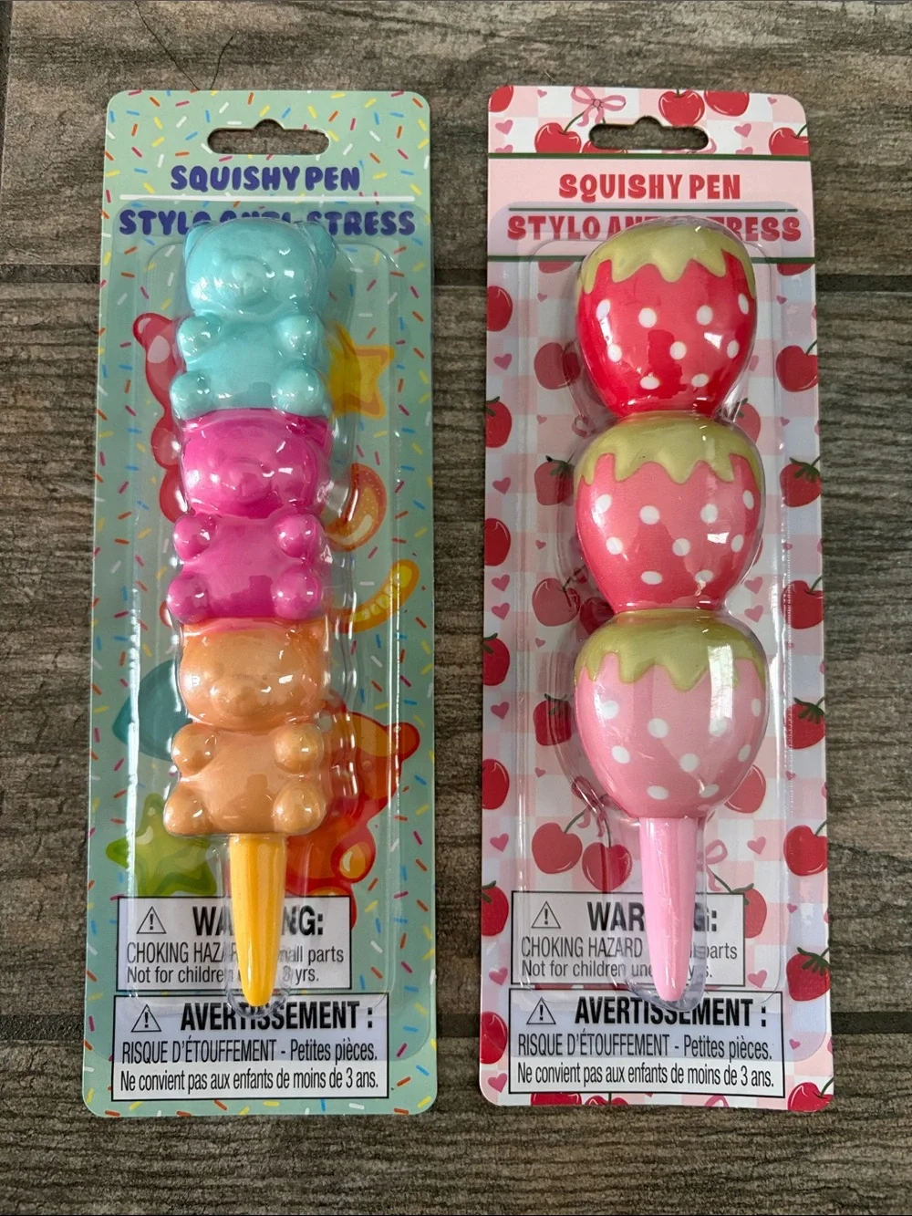 2pc Squishy Pen Set - Pastel Gummy Bear Stack & Strawberry Trio